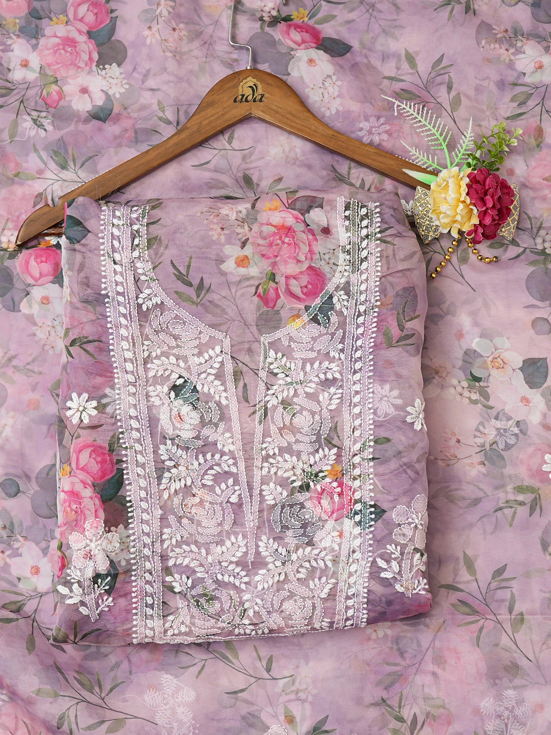 Ada Hand Embroidered Mauve Organza Floral Printed Lucknowi Chikankari Unstitched Kurta Dupatta Set 01A736654