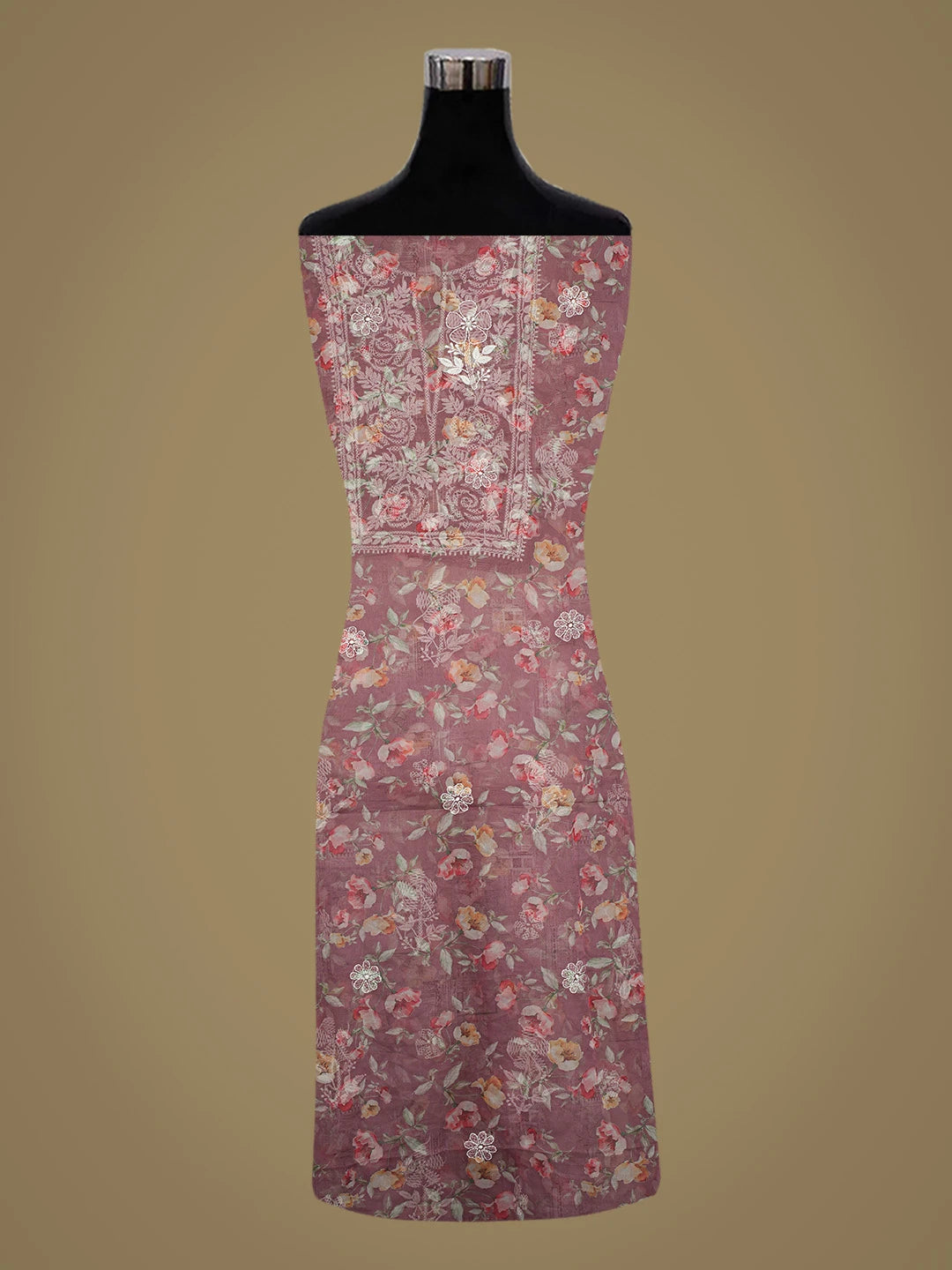 Ada Hand Embroidered Dusty Peach Organza Floral Printed Lucknowi Chikankari Unstitched Kurta Dupatta Set 01A736659