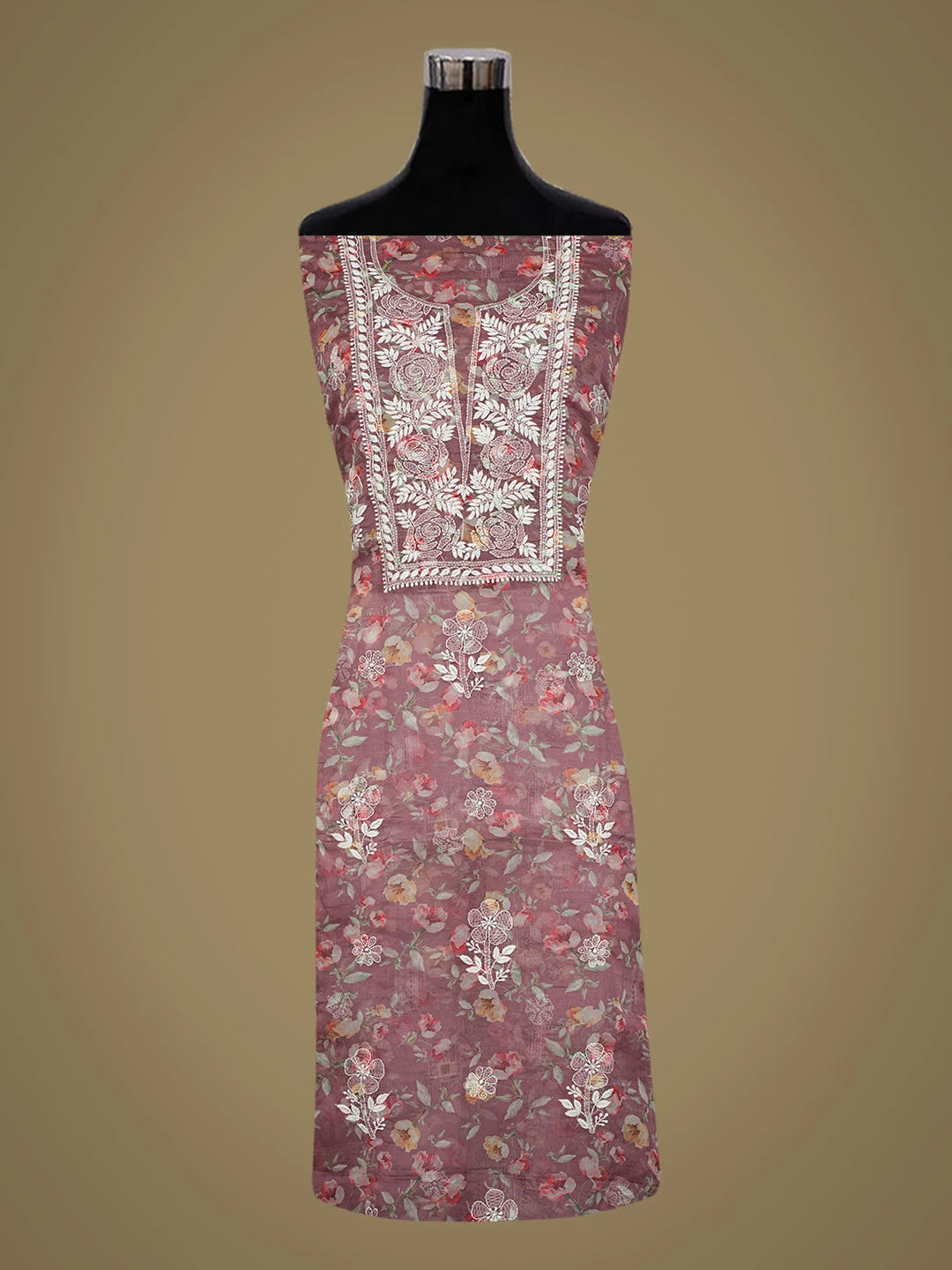 Ada Hand Embroidered Dusty Peach Organza Floral Printed Lucknowi Chikankari Unstitched Kurta Dupatta Set 01A736659
