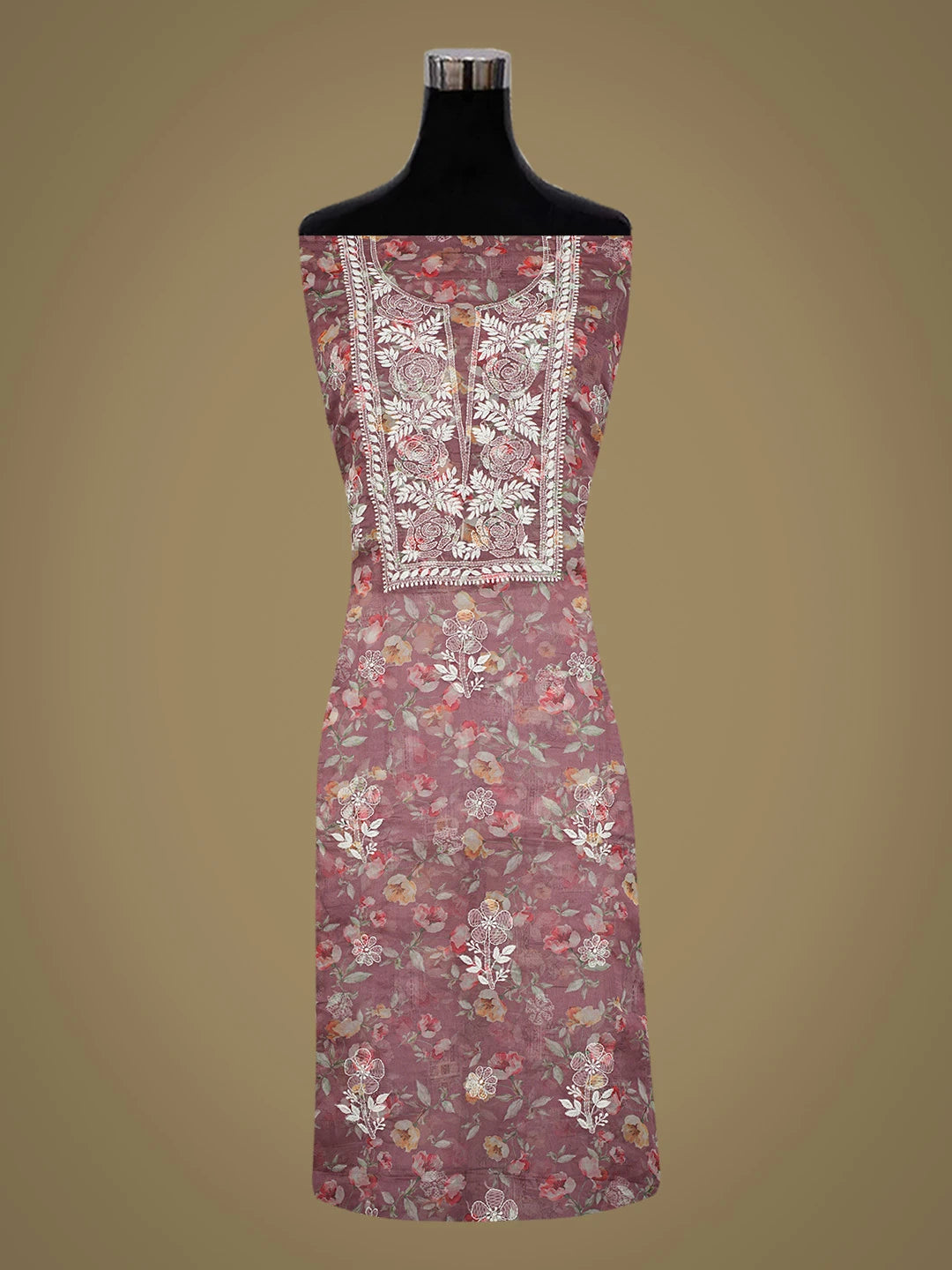 Ada Hand Embroidered Dusty Peach Organza Floral Printed Lucknowi Chikankari Unstitched Kurta Dupatta Set 01A736659