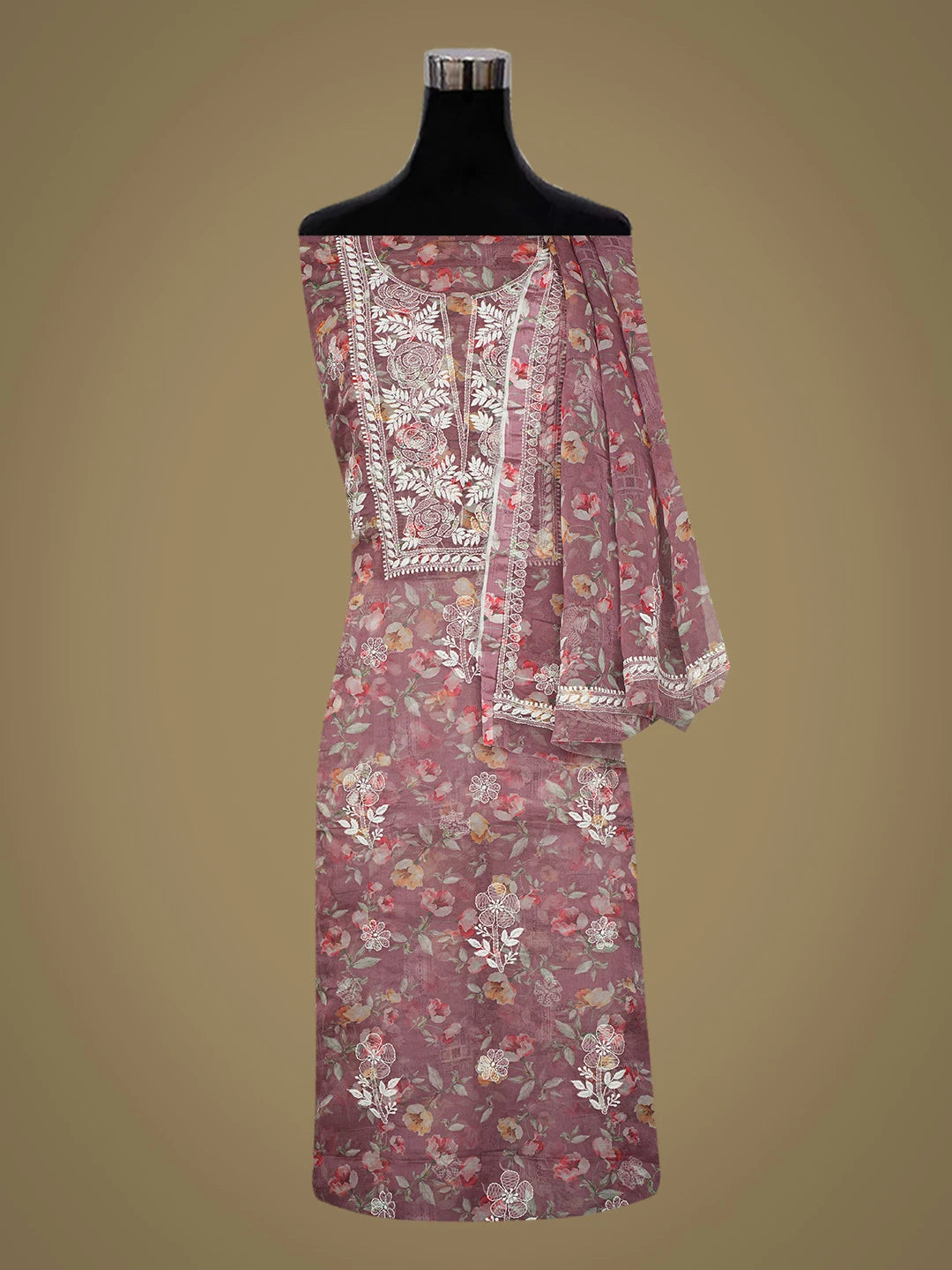 Ada Hand Embroidered Dusty Peach Organza Floral Printed Lucknowi Chikankari Unstitched Kurta Dupatta Set 01A736659