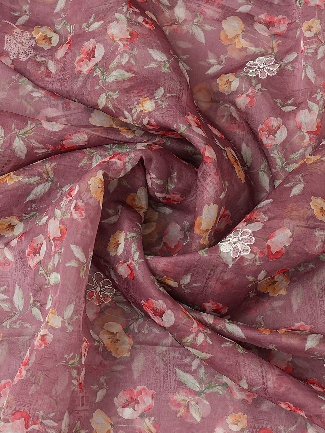 Ada Hand Embroidered Dusty Peach Organza Floral Printed Lucknowi Chikankari Unstitched Kurta Dupatta Set 01A736659