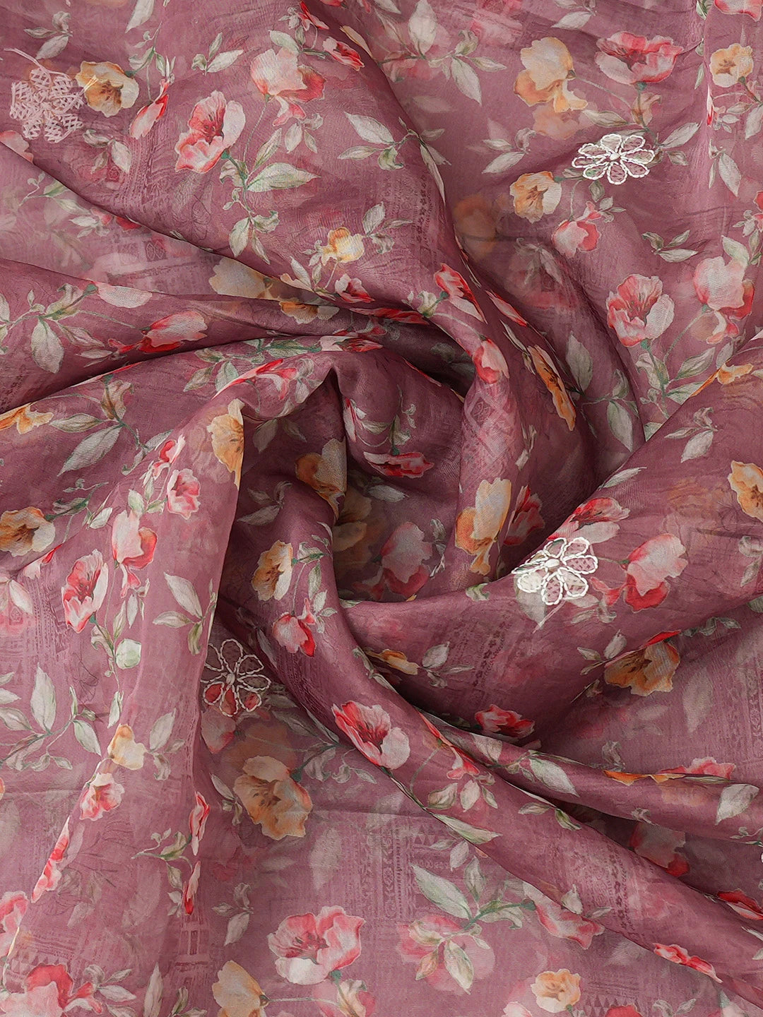 Ada Hand Embroidered Dusty Peach Organza Floral Printed Lucknowi Chikankari Unstitched Kurta Dupatta Set 01A736659