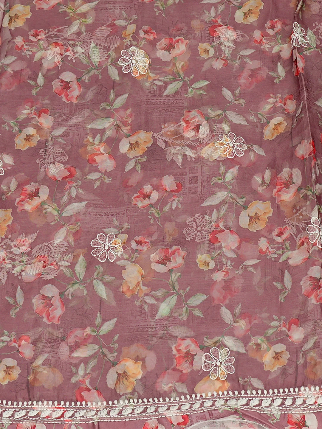Ada Hand Embroidered Dusty Peach Organza Floral Printed Lucknowi Chikankari Unstitched Kurta Dupatta Set 01A736659