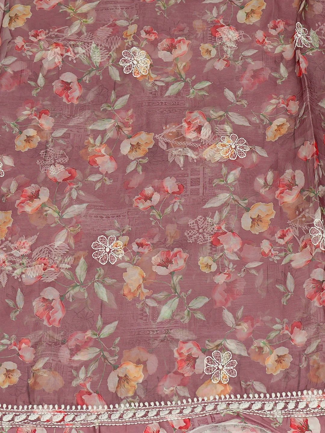 Ada Hand Embroidered Dusty Peach Organza Floral Printed Lucknowi Chikankari Unstitched Kurta Dupatta Set 01A736659