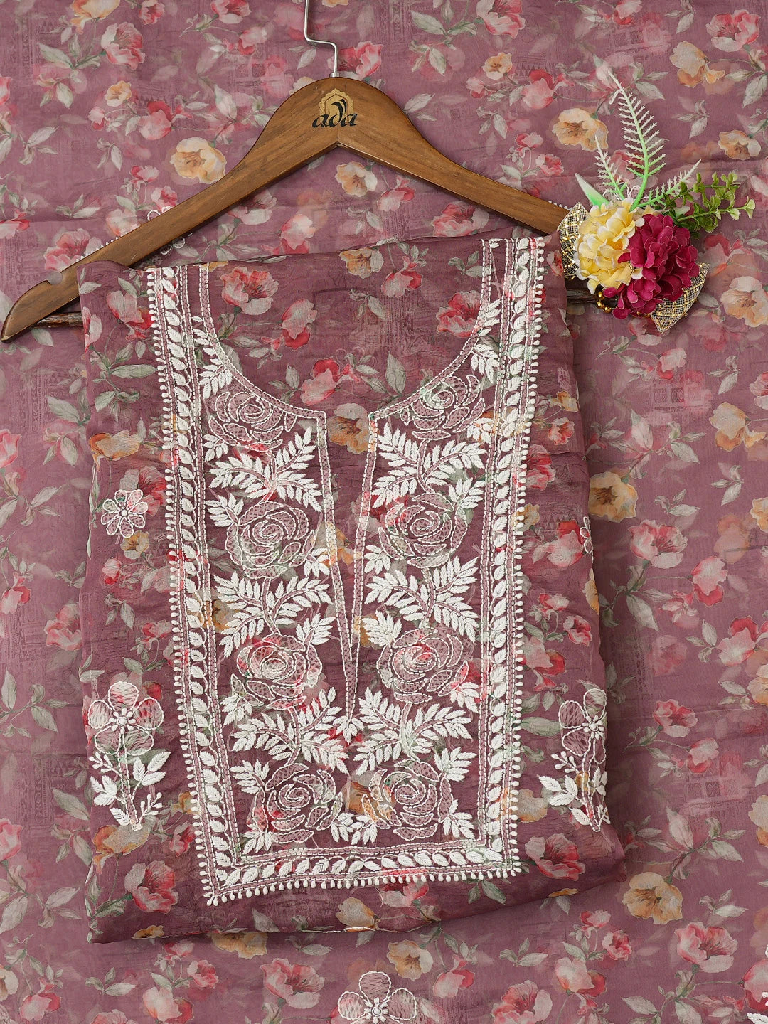 Ada Hand Embroidered Dusty Peach Organza Floral Printed Lucknowi Chikankari Unstitched Kurta Dupatta Set 01A736659