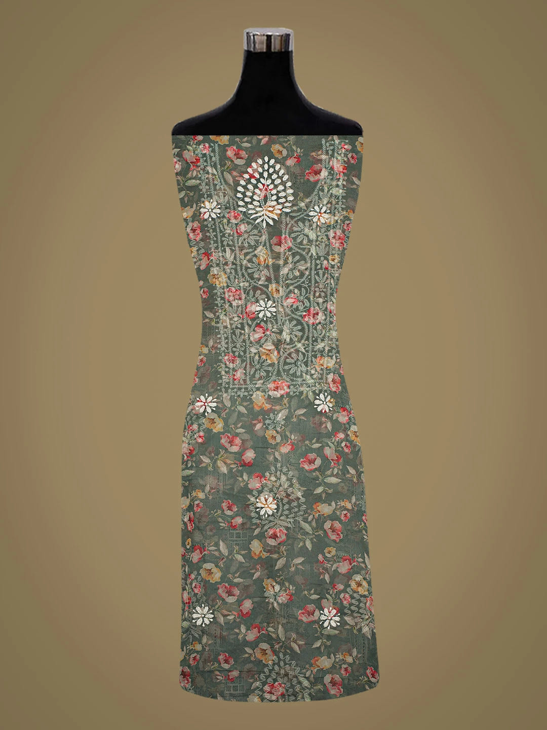 Ada Hand Embroidered Teal Green Organza Floral Printed Lucknowi Chikankari Unstitched Kurta Dupatta Set 01A736699