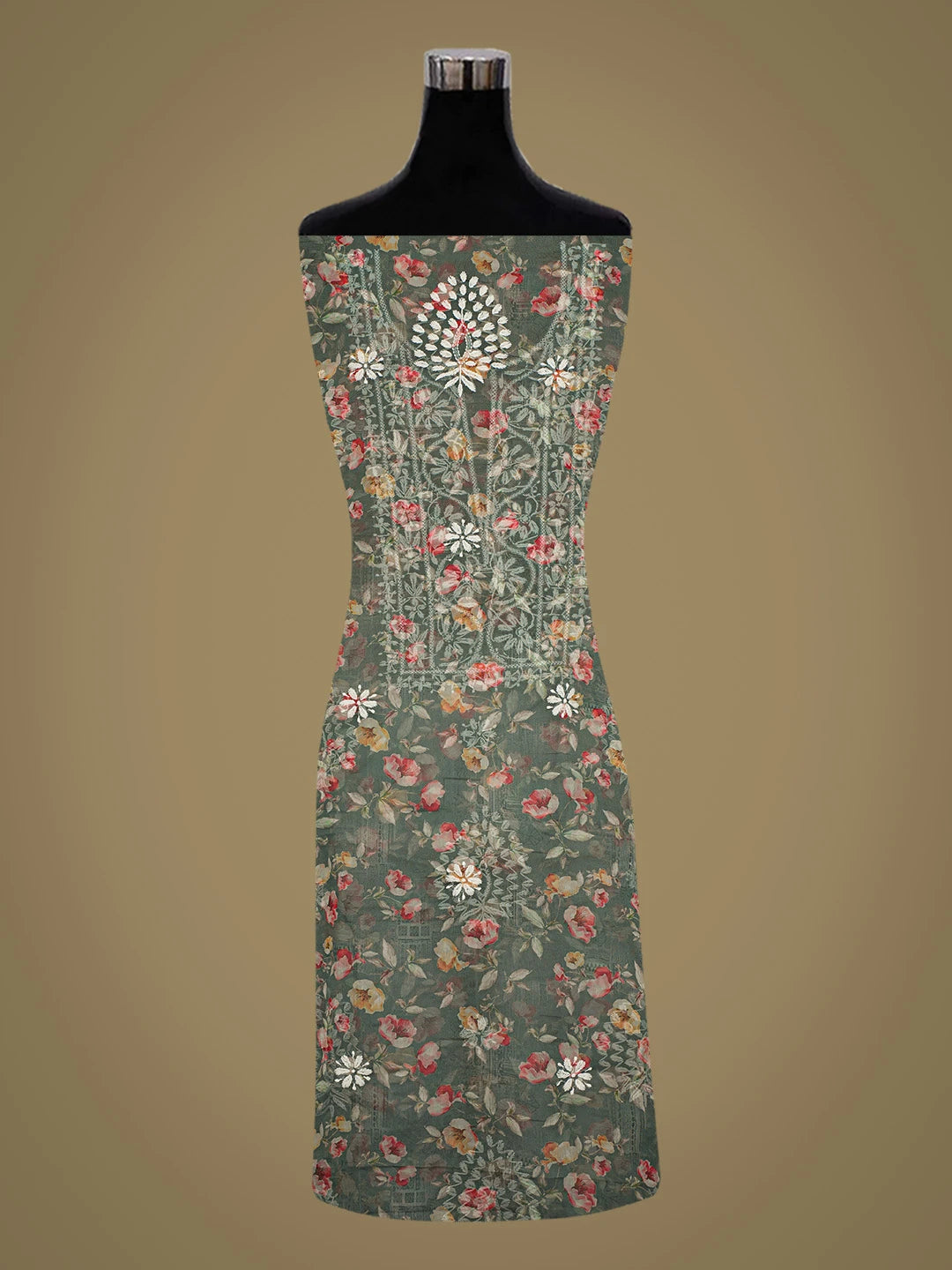 Ada Hand Embroidered Teal Green Organza Floral Printed Lucknowi Chikankari Unstitched Kurta Dupatta Set 01A736699