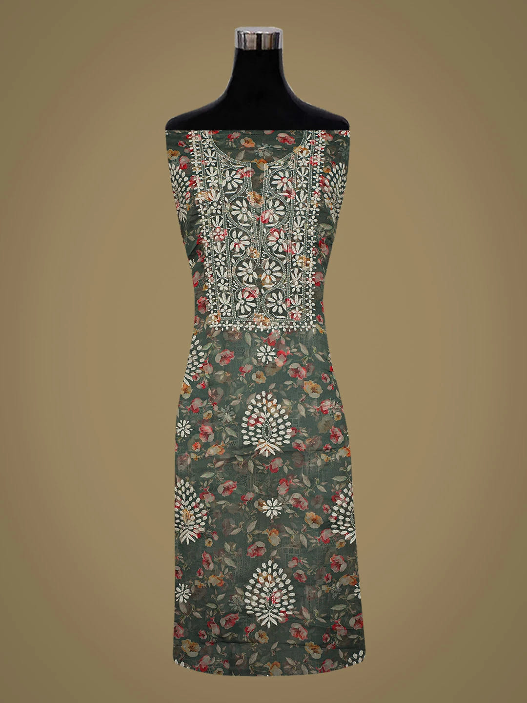 Ada Hand Embroidered Teal Green Organza Floral Printed Lucknowi Chikankari Unstitched Kurta Dupatta Set 01A736699