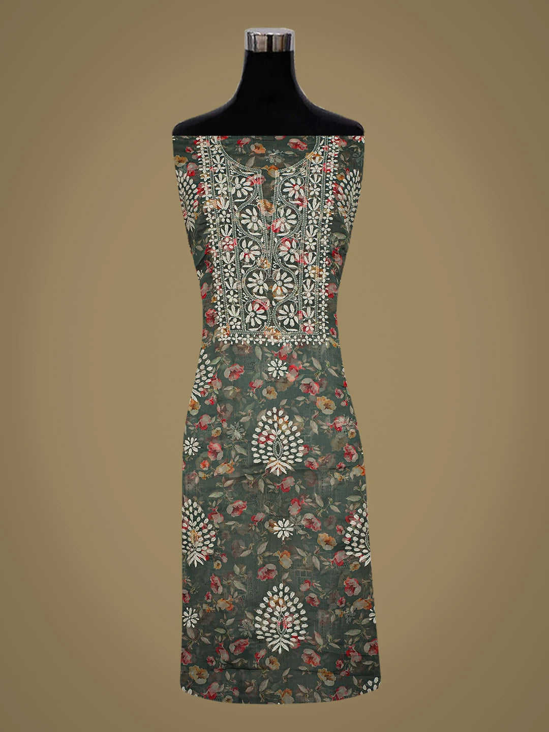 Ada Hand Embroidered Teal Green Organza Floral Printed Lucknowi Chikankari Unstitched Kurta Dupatta Set 01A736699