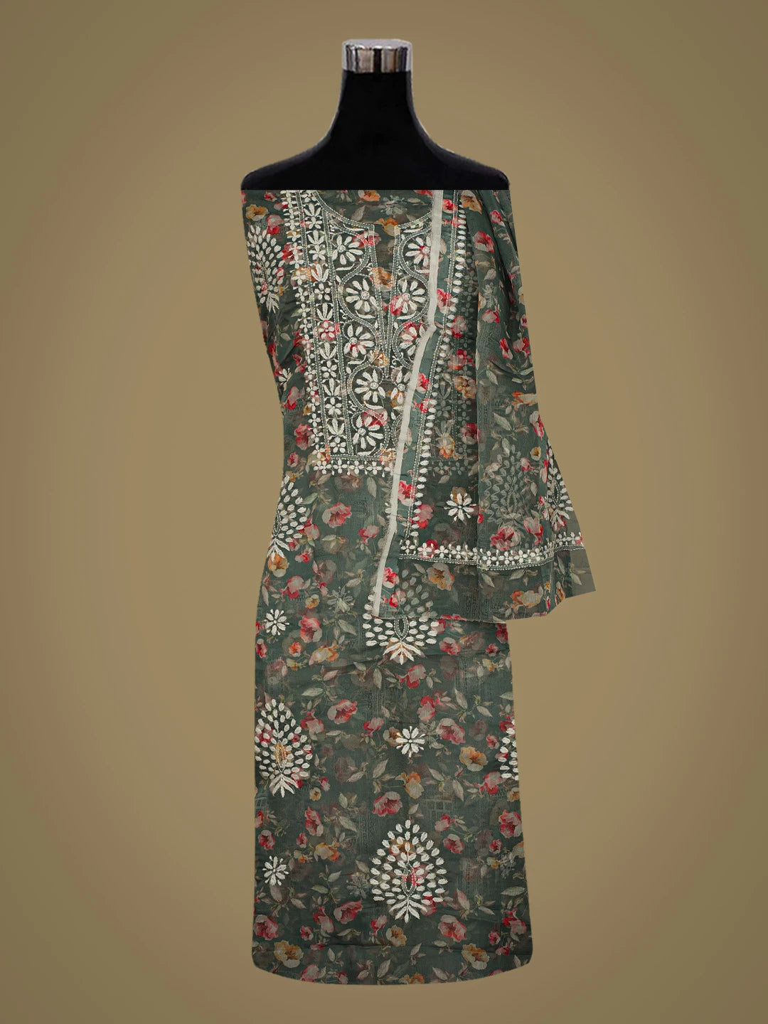 Ada Hand Embroidered Teal Green Organza Floral Printed Lucknowi Chikankari Unstitched Kurta Dupatta Set 01A736699