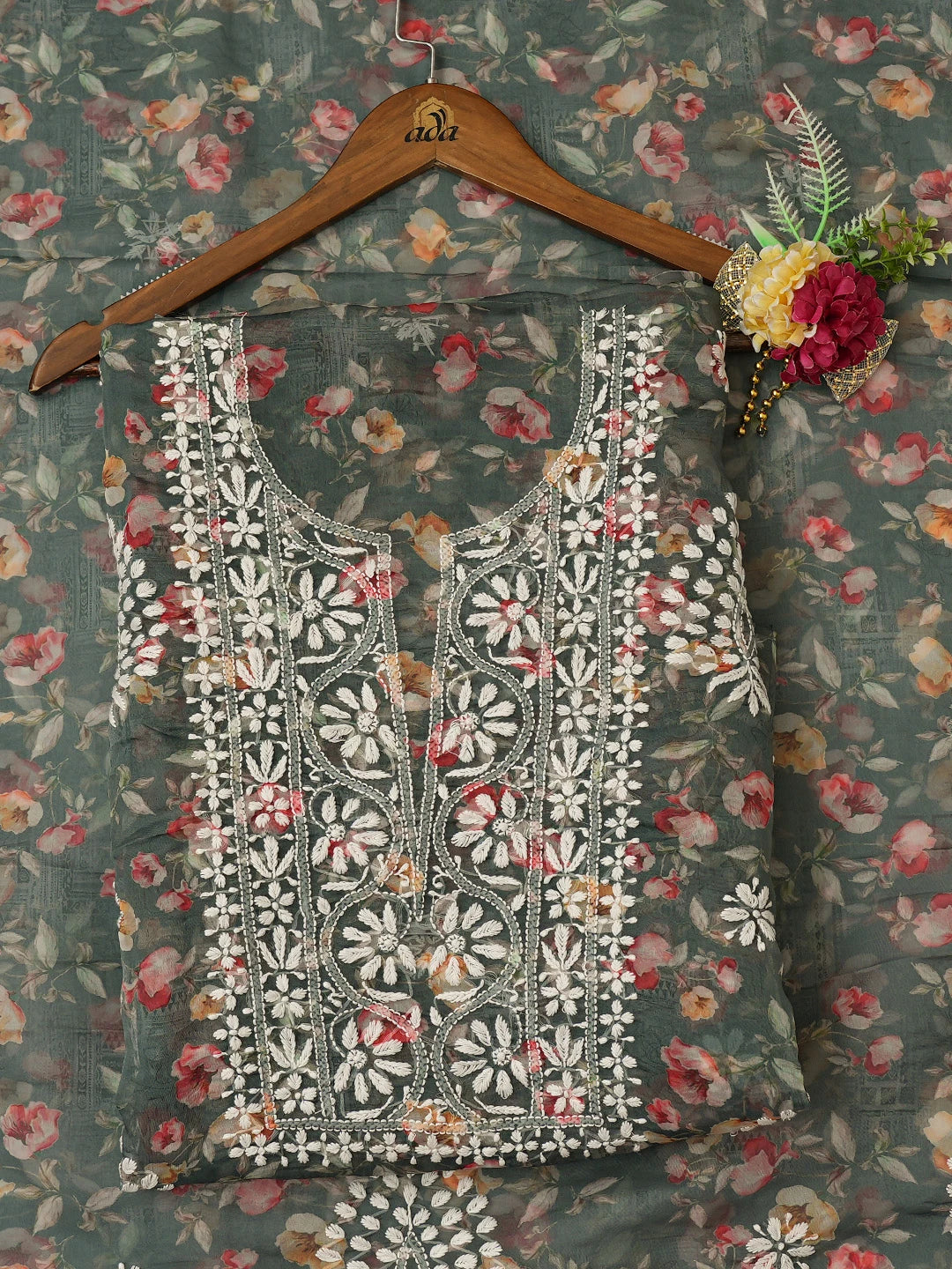 Ada Hand Embroidered Teal Green Organza Floral Printed Lucknowi Chikankari Unstitched Kurta Dupatta Set 01A736699
