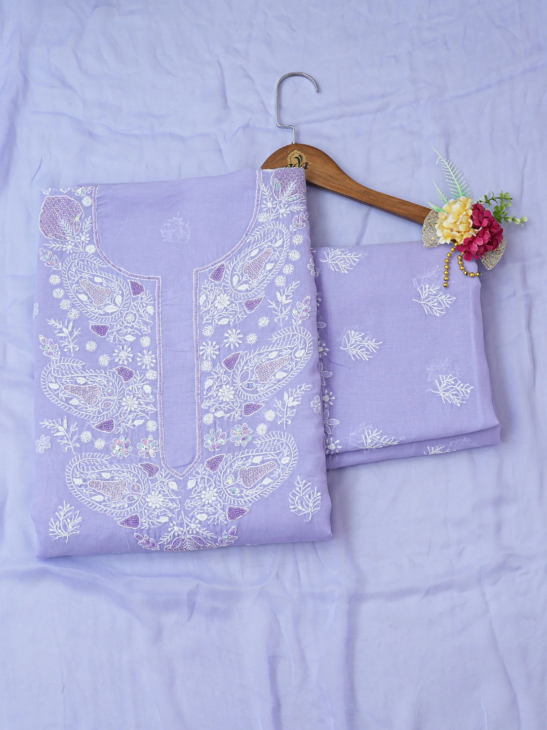 Ada Hand Embroidered Mauve Cotton Lucknowi Chikankari Unstitched Suit Piece With Cutdana Work 01A651854