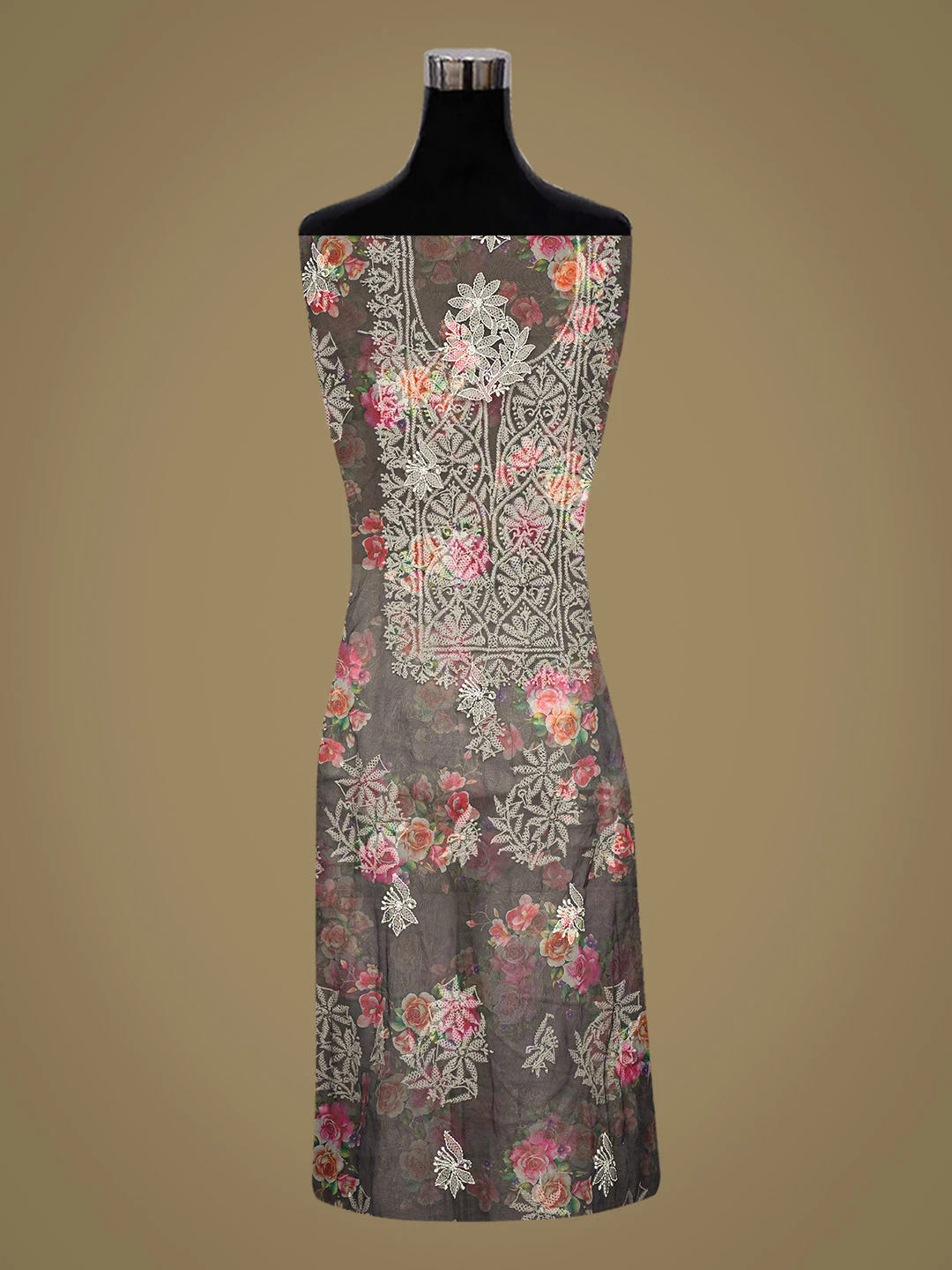 Ada Hand Embroidered Gunmetal Grey Organza Floral Printed Lucknowi Chikankari Unstitched Kurta Dupatta Set 01A740568