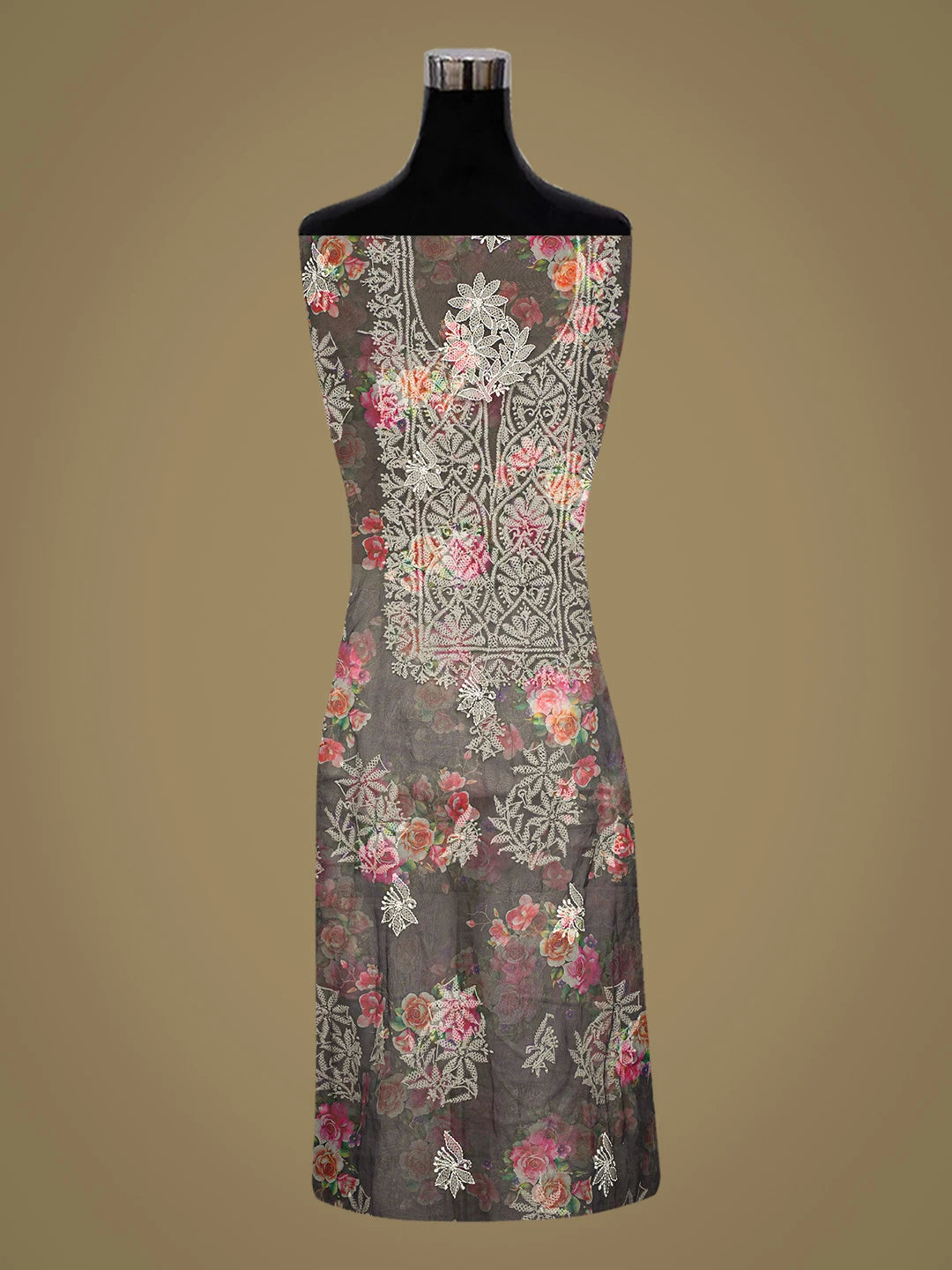 Ada Hand Embroidered Gunmetal Grey Organza Floral Printed Lucknowi Chikankari Unstitched Kurta Dupatta Set 01A740568