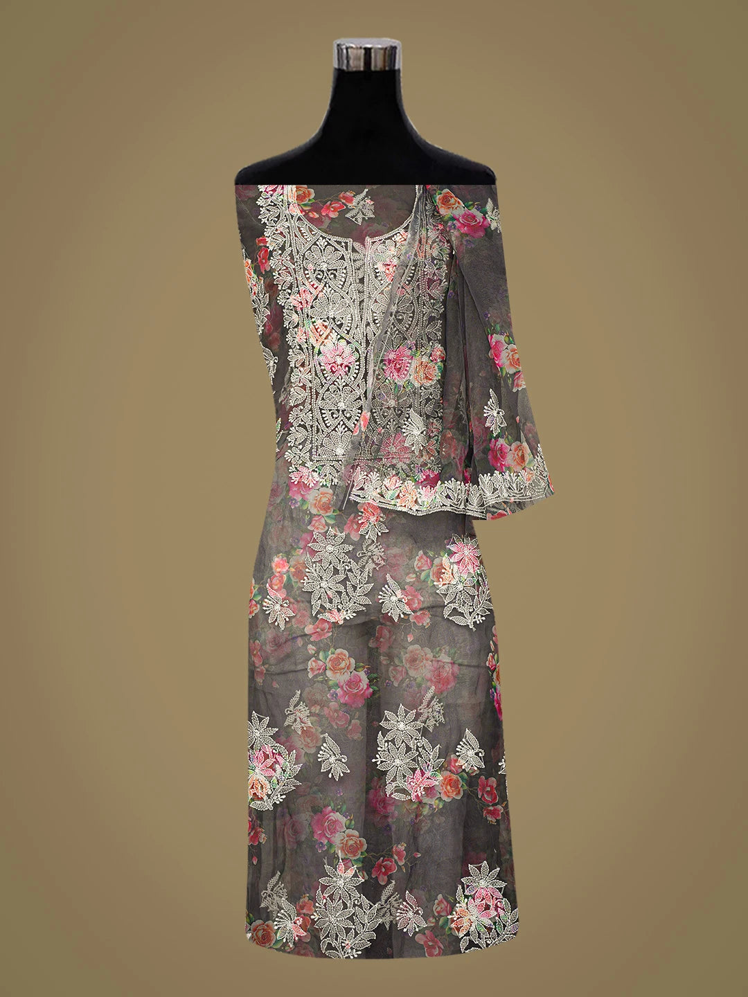 Ada Hand Embroidered Gunmetal Grey Organza Floral Printed Lucknowi Chikankari Unstitched Kurta Dupatta Set 01A740568