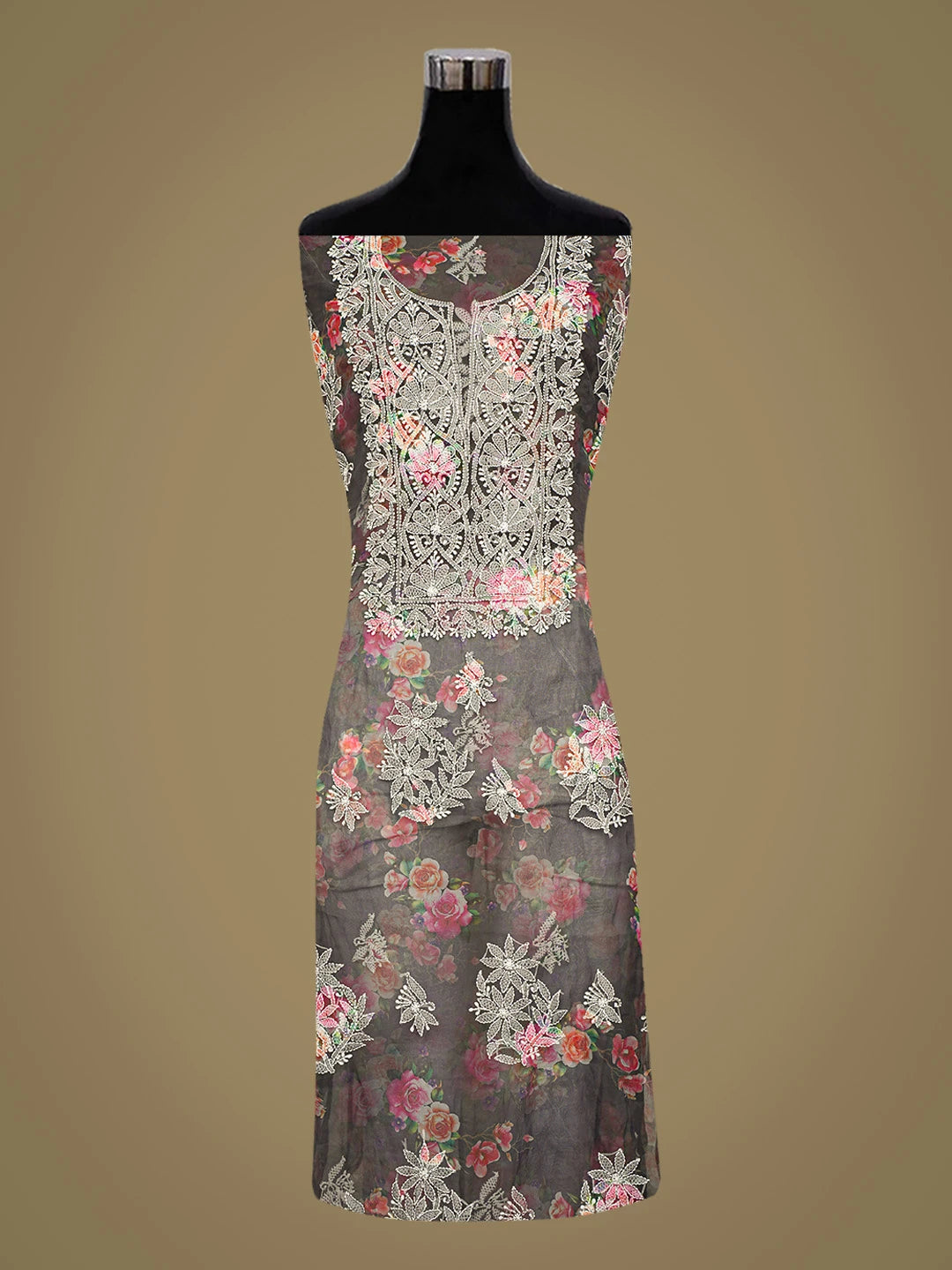 Ada Hand Embroidered Gunmetal Grey Organza Floral Printed Lucknowi Chikankari Unstitched Kurta Dupatta Set 01A740568