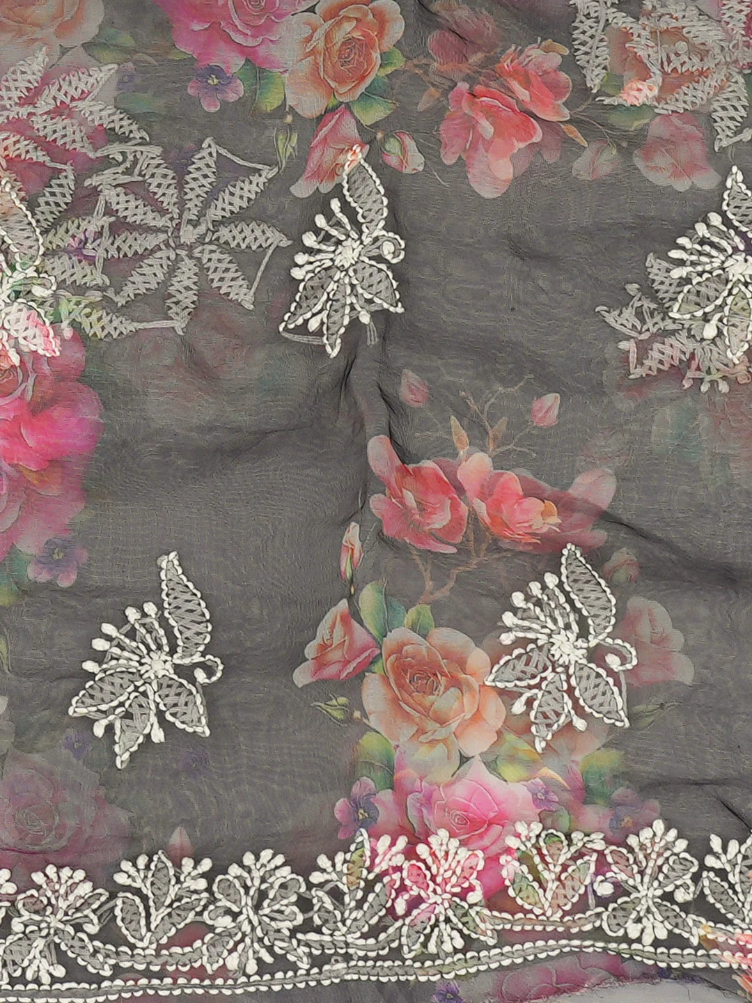Ada Hand Embroidered Gunmetal Grey Organza Floral Printed Lucknowi Chikankari Unstitched Kurta Dupatta Set 01A740568