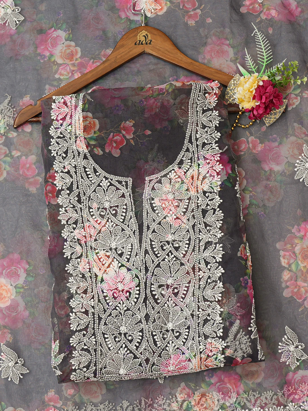 Ada Hand Embroidered Gunmetal Grey Organza Floral Printed Lucknowi Chikankari Unstitched Kurta Dupatta Set 01A740568