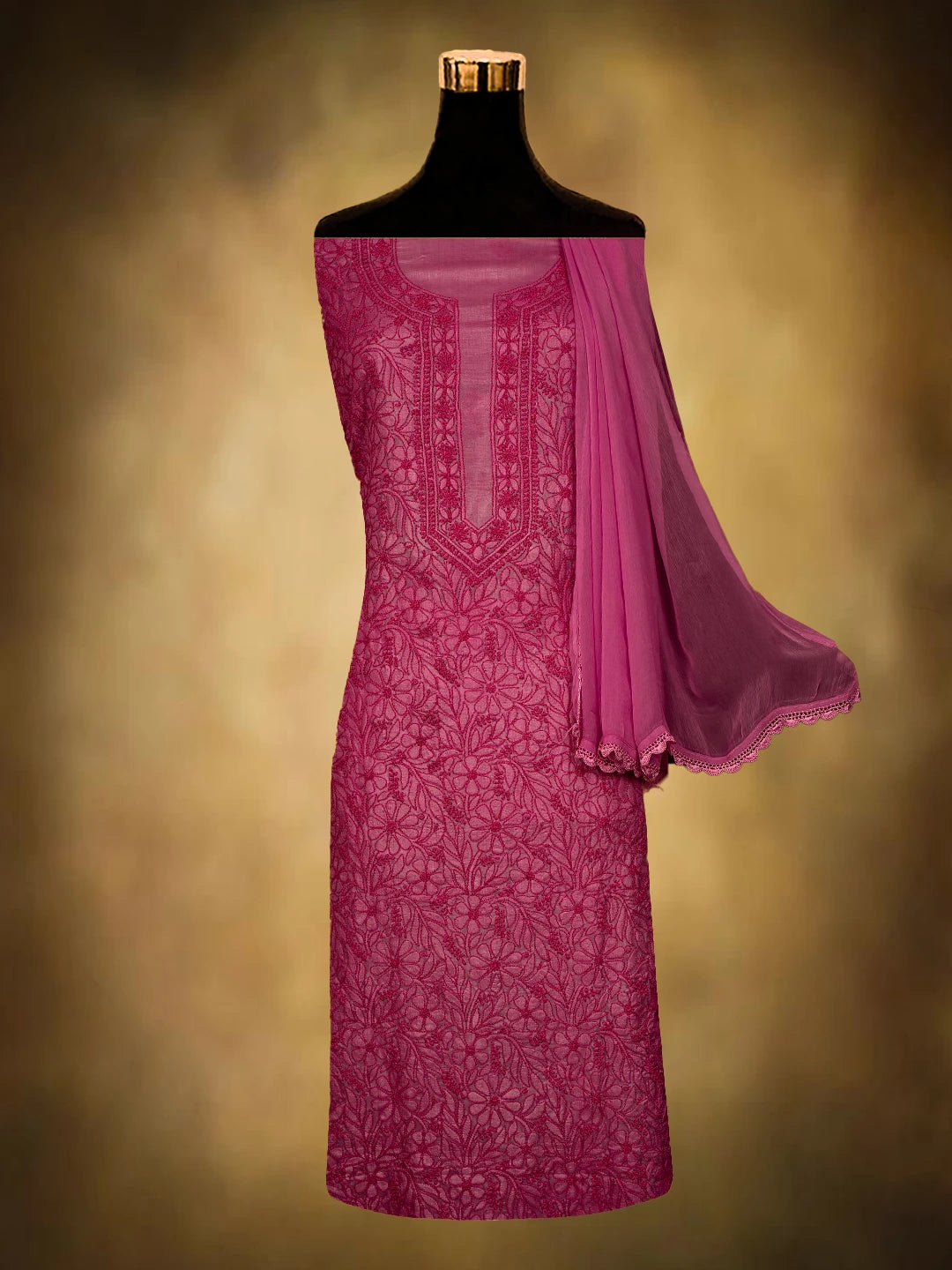 Ada Hand Embroidered Onion Pink Tussar Silk Lucknowi Chikankari Unstitched Suit Piece 01A604479