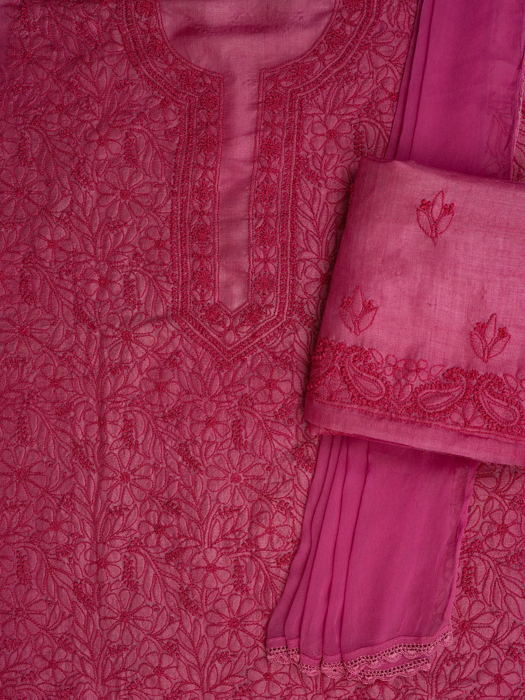 Ada Hand Embroidered Onion Pink Tussar Silk Lucknowi Chikankari Unstitched Suit Piece 01A604479