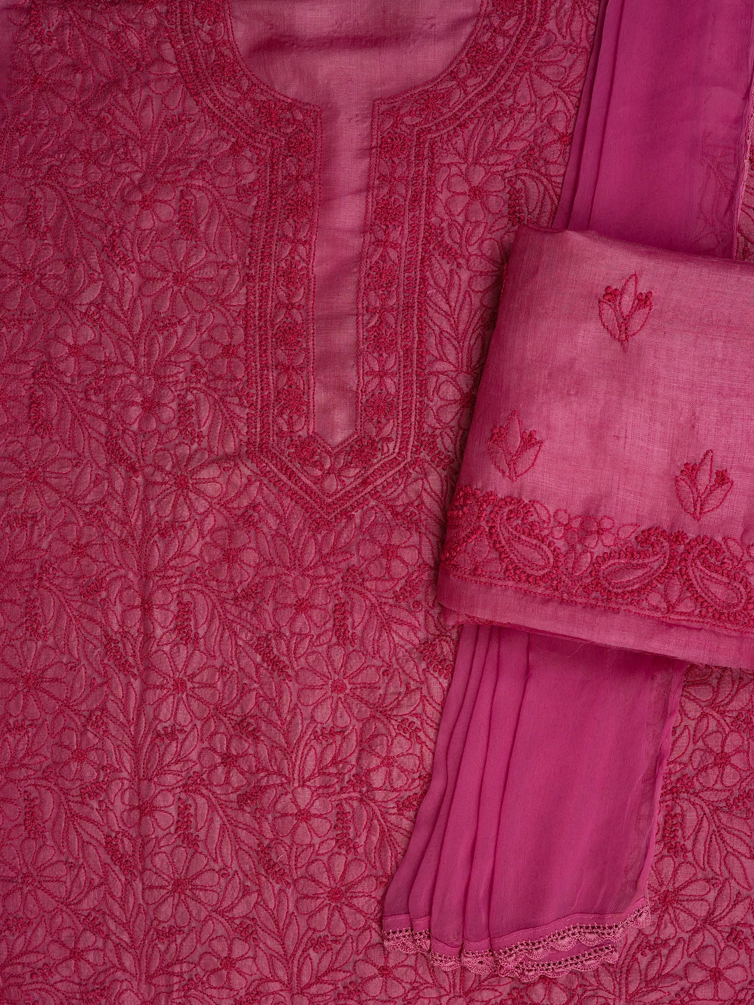 Ada Hand Embroidered Onion Pink Tussar Silk Lucknowi Chikankari Unstitched Suit Piece 01A604479