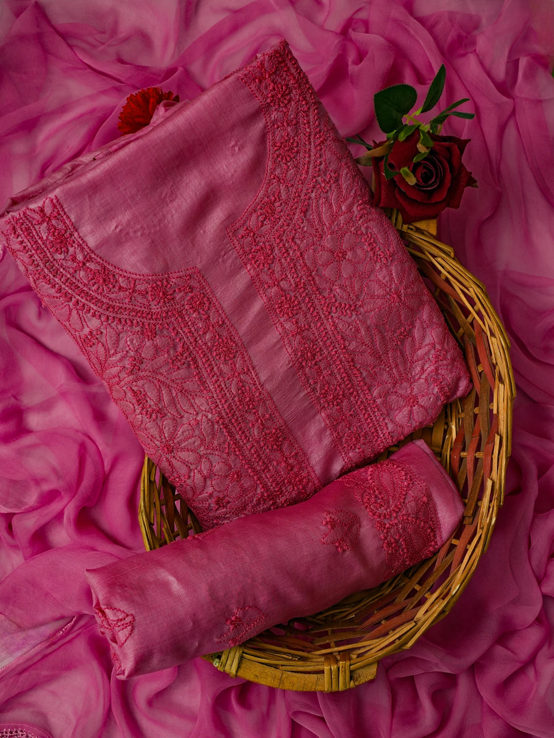 Ada Hand Embroidered Onion Pink Tussar Silk Lucknowi Chikankari Unstitched Suit Piece 01A604479