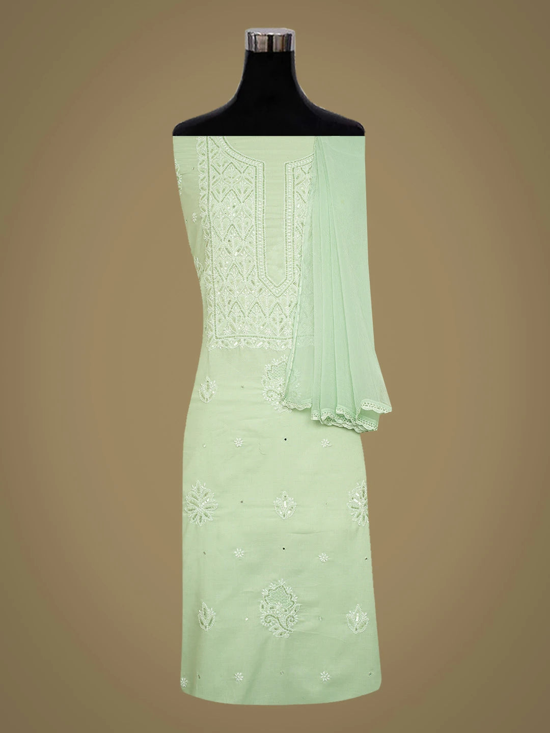 Ada Hand Embroidered Pista Green Cotton Lucknowi Chikankari Unstitched Suit Piece With Cutdana Work 01A595391