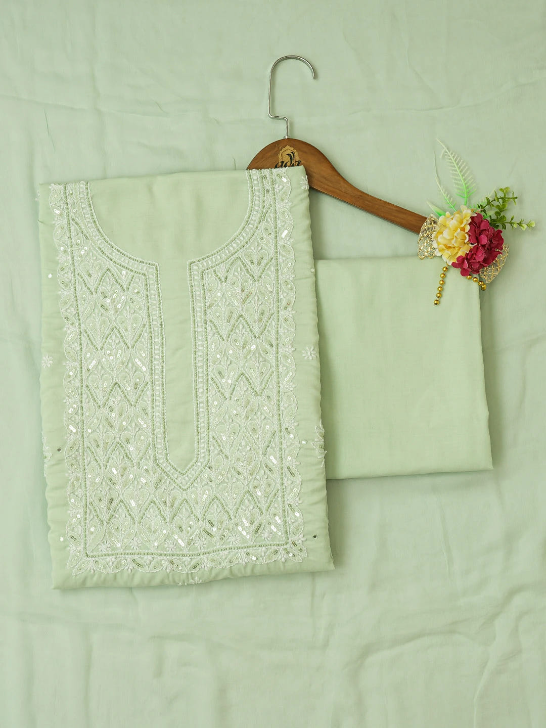 Ada Hand Embroidered Pista Green Cotton Lucknowi Chikankari Unstitched Suit Piece With Cutdana Work 01A595391