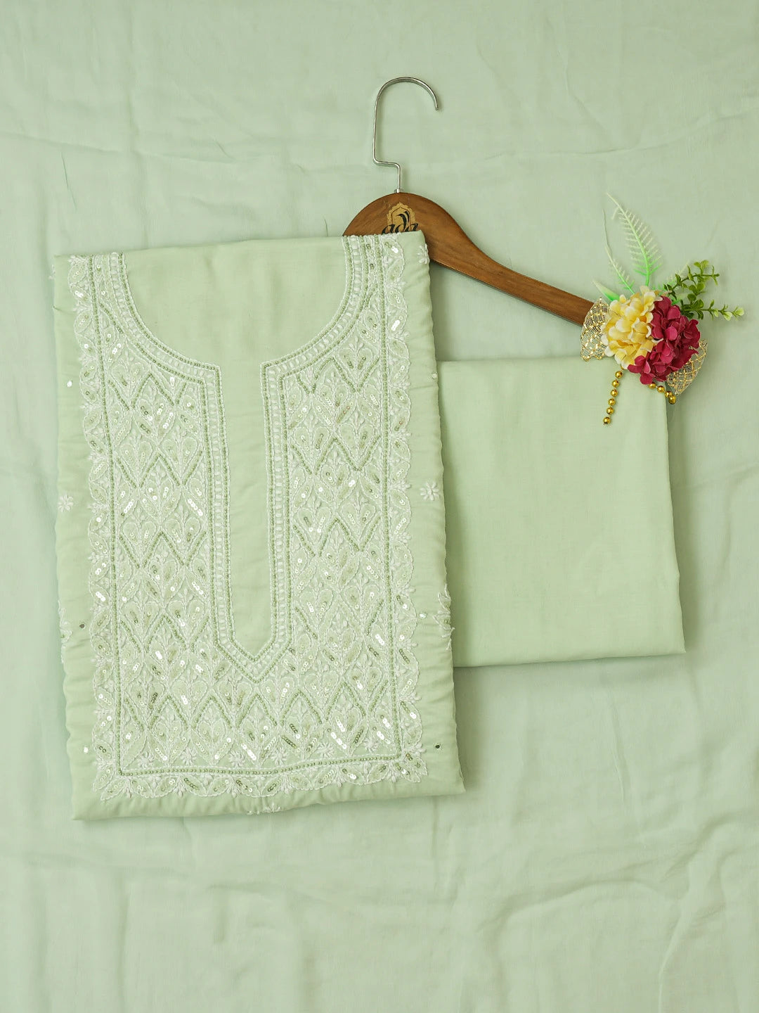 Ada Hand Embroidered Pista Green Cotton Lucknowi Chikankari Unstitched Suit Piece With Cutdana Work 01A595391