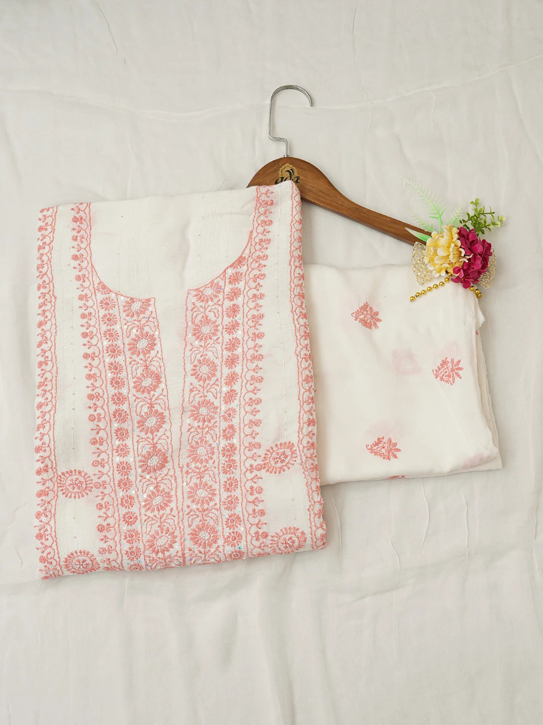 Ada Hand Embroidered White Muslin Lucknowi Chikankari Unstitched Suit Piece With Cutdana Work 01A399948