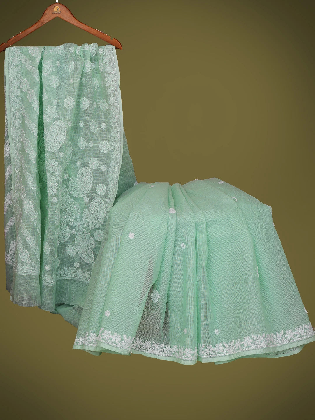Ada Hand Embroidered Pale Sea Green Kota Lucknowi Chikankari Saree and Blouse 01A718197