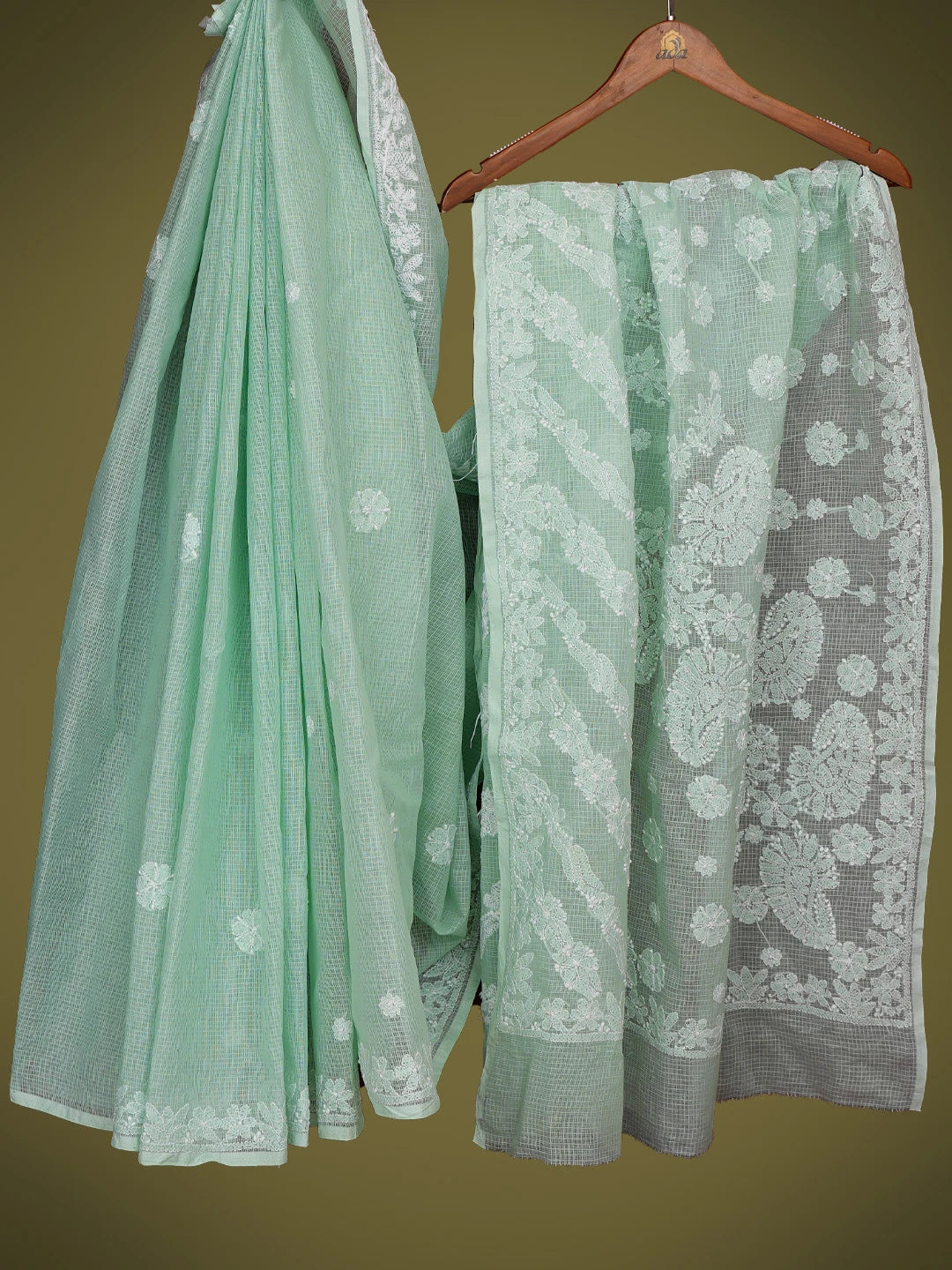 Ada Hand Embroidered Pale Sea Green Kota Lucknowi Chikankari Saree and Blouse 01A718197