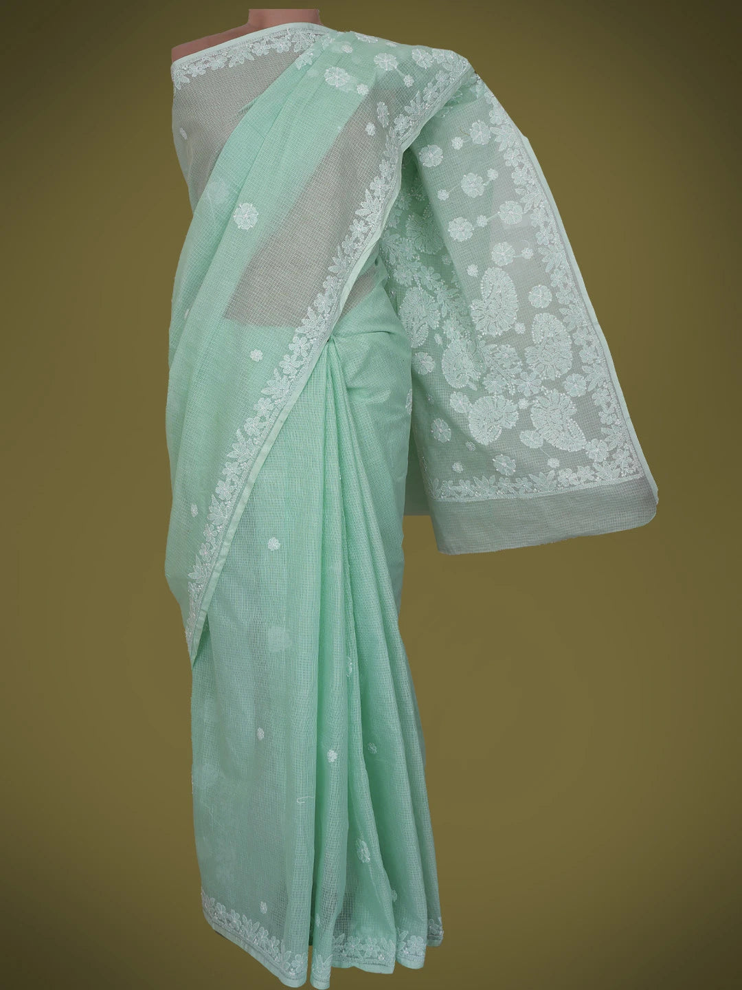 Ada Hand Embroidered Pale Sea Green Kota Lucknowi Chikankari Saree and Blouse 01A718197
