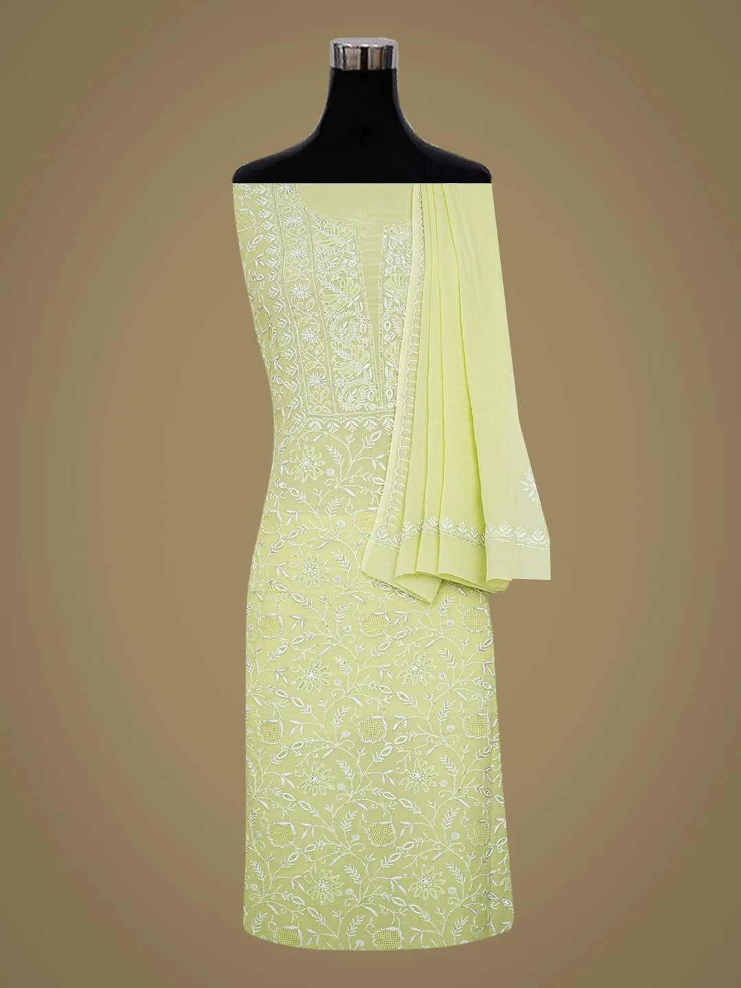 Ada Hand Embroidered Lime Green Viscose Georgette Lucknowi Chikankari Unstitched Kurta Dupatta Set With Sequinned Work 01A569101