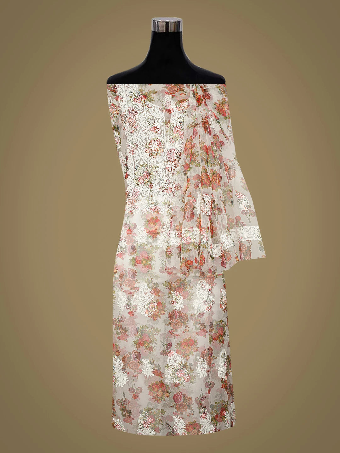 Ada Hand Embroidered White Organza Floral Printed Lucknowi Chikankari Unstitched Kurta Dupatta Set 01A687843