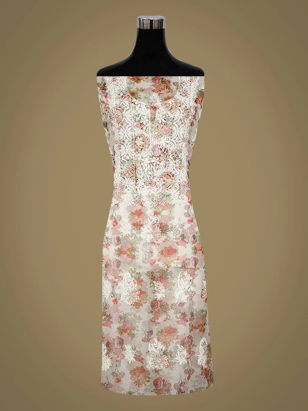 Ada Hand Embroidered White Organza Floral Printed Lucknowi Chikankari Unstitched Kurta Dupatta Set 01A687843