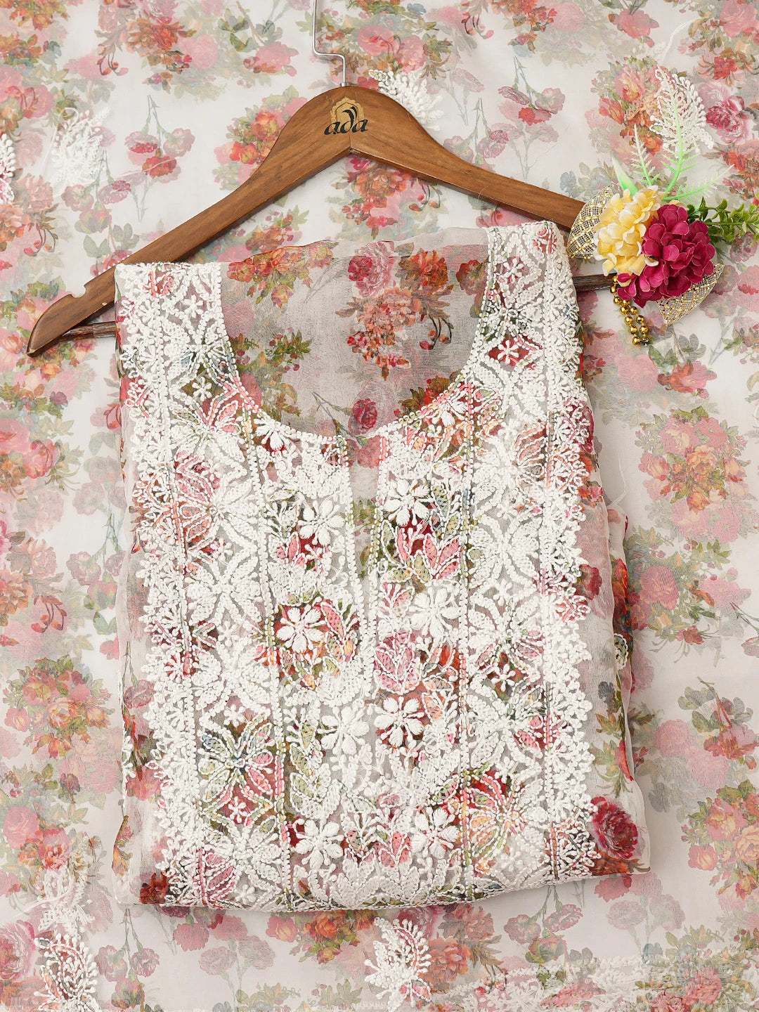 Ada Hand Embroidered White Organza Floral Printed Lucknowi Chikankari Unstitched Kurta Dupatta Set 01A687843