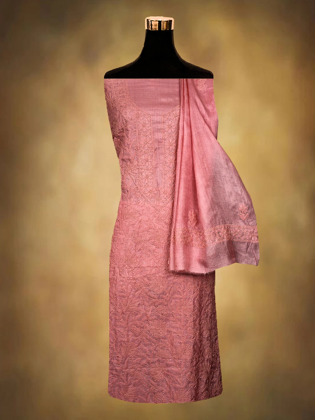 Ada Hand Embroidered Peach Silk Lucknowi Chikankari Unstitched Kurta Dupatta Set 01A729194