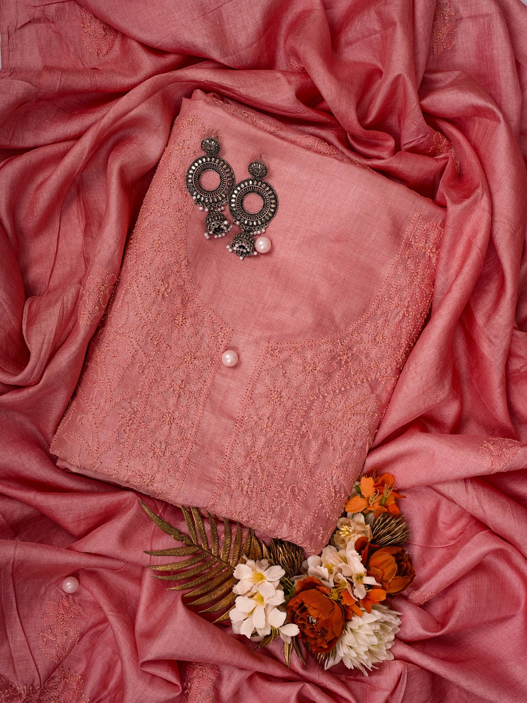 Ada Hand Embroidered Peach Silk Lucknowi Chikankari Unstitched Kurta Dupatta Set 01A729194