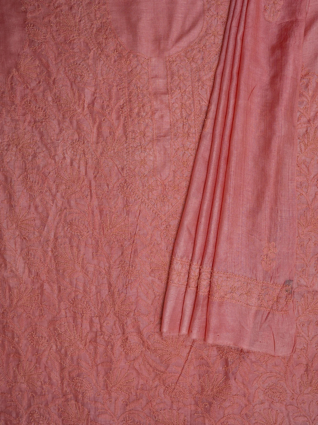 Ada Hand Embroidered Peach Silk Lucknowi Chikankari Unstitched Kurta Dupatta Set 01A729194