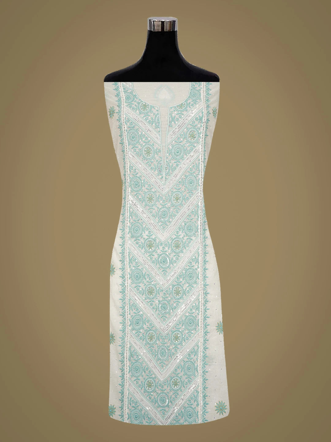 Ada Hand Embroidered White Chanderi Lucknowi Chikankari Semi-Stitched Kurta Dupatta Set With Pearl Work 01A709685