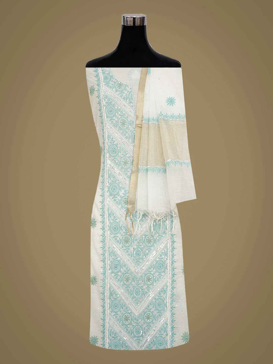 Ada Hand Embroidered White Chanderi Lucknowi Chikankari Semi-Stitched Kurta Dupatta Set With Pearl Work 01A709685