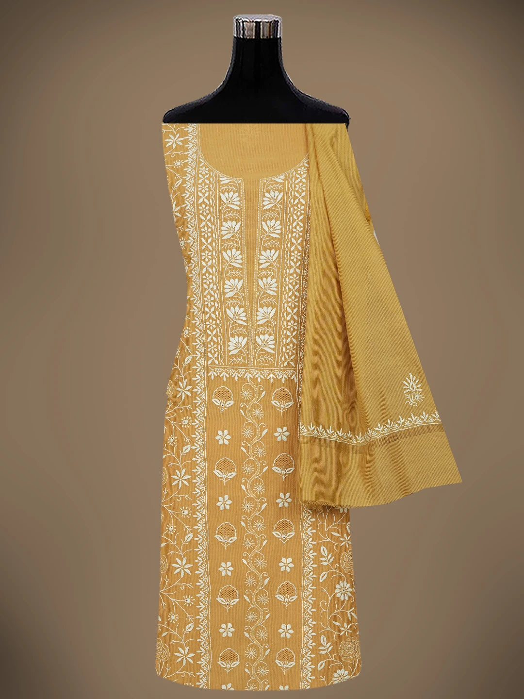 Ada Hand Embroidered Mustard Chanderi Lucknowi Chikankari Unstitched Kurta Dupatta Set 01A604801