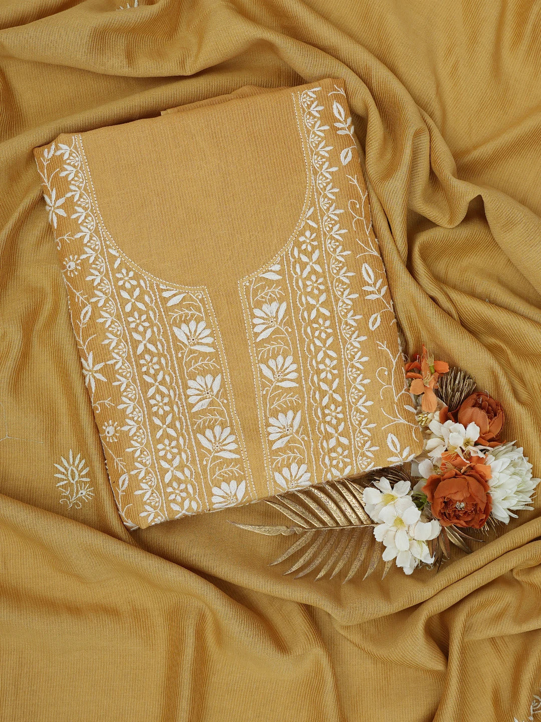 Ada Hand Embroidered Mustard Chanderi Lucknowi Chikankari Unstitched Kurta Dupatta Set 01A604801