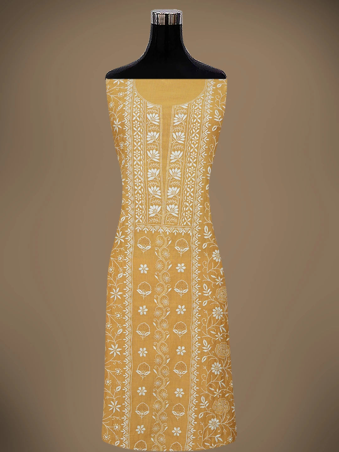 Ada Hand Embroidered Mustard Chanderi Lucknowi Chikankari Unstitched Kurta Dupatta Set 01A604801
