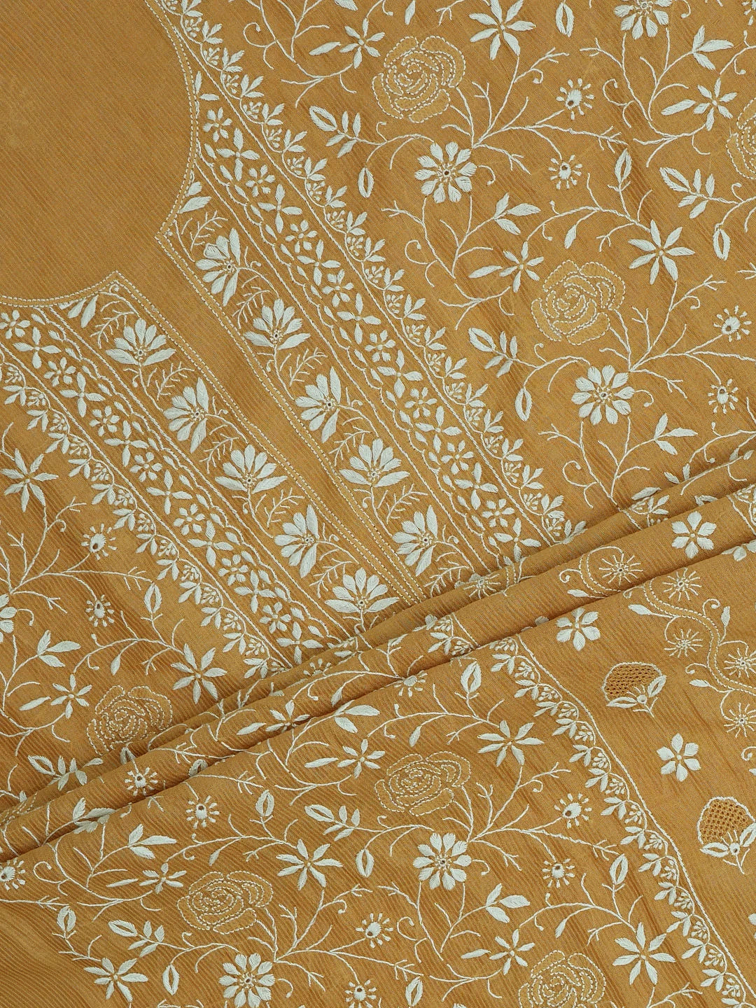 Ada Hand Embroidered Mustard Chanderi Lucknowi Chikankari Unstitched Kurta Dupatta Set 01A604801
