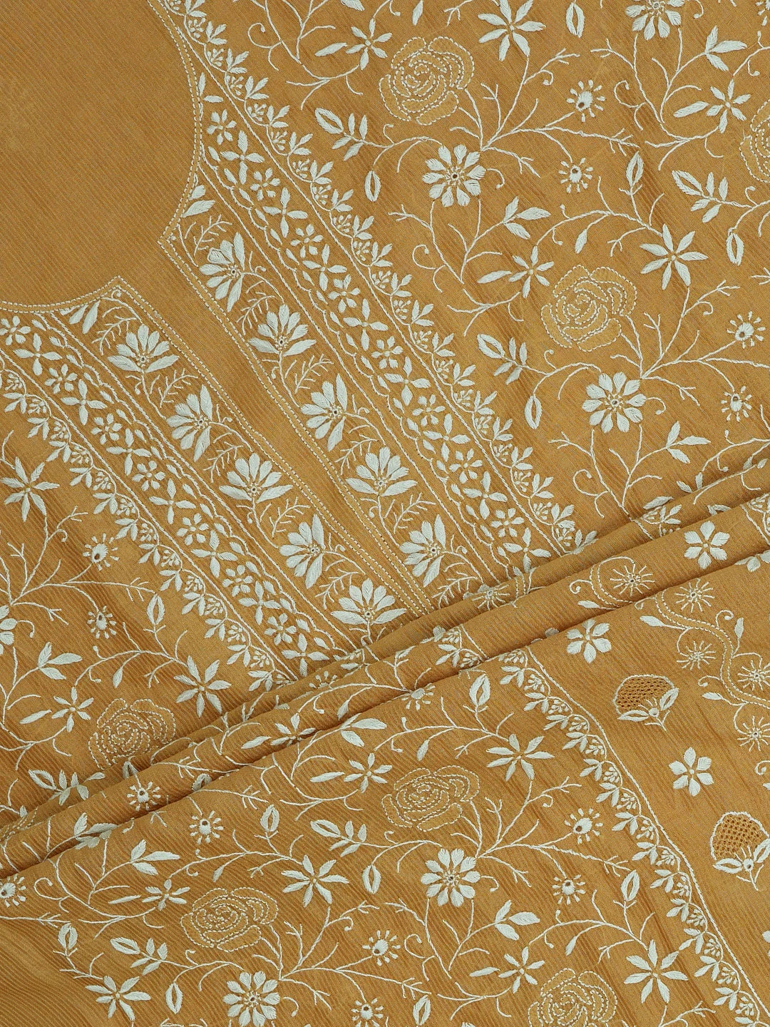 Ada Hand Embroidered Mustard Chanderi Lucknowi Chikankari Unstitched Kurta Dupatta Set 01A604801