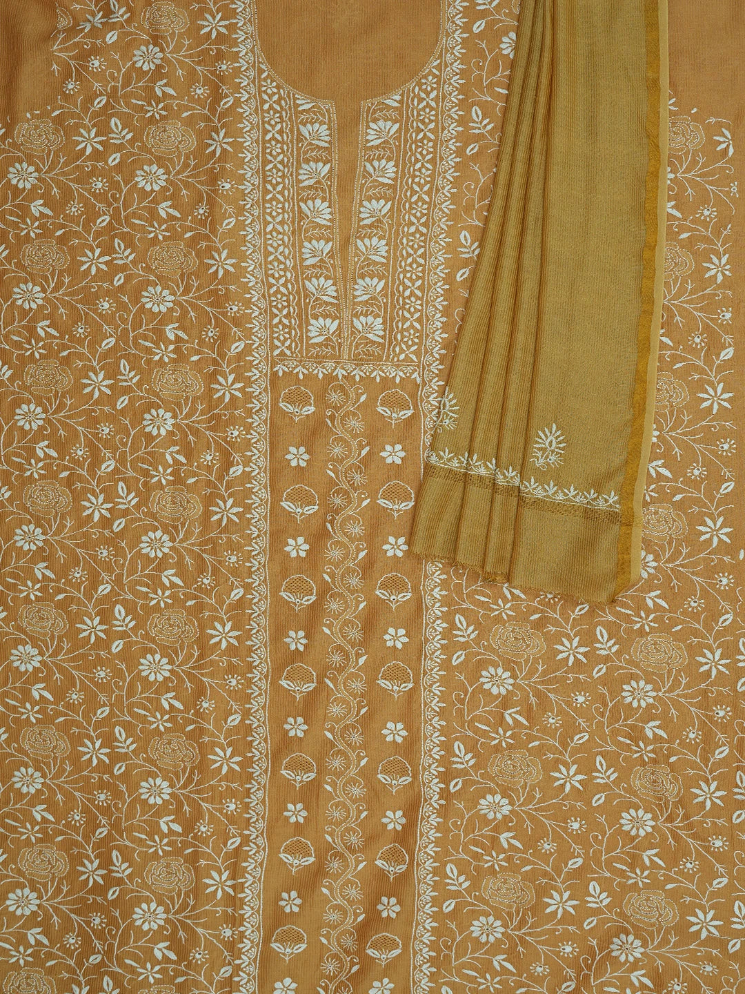 Ada Hand Embroidered Mustard Chanderi Lucknowi Chikankari Unstitched Kurta Dupatta Set 01A604801
