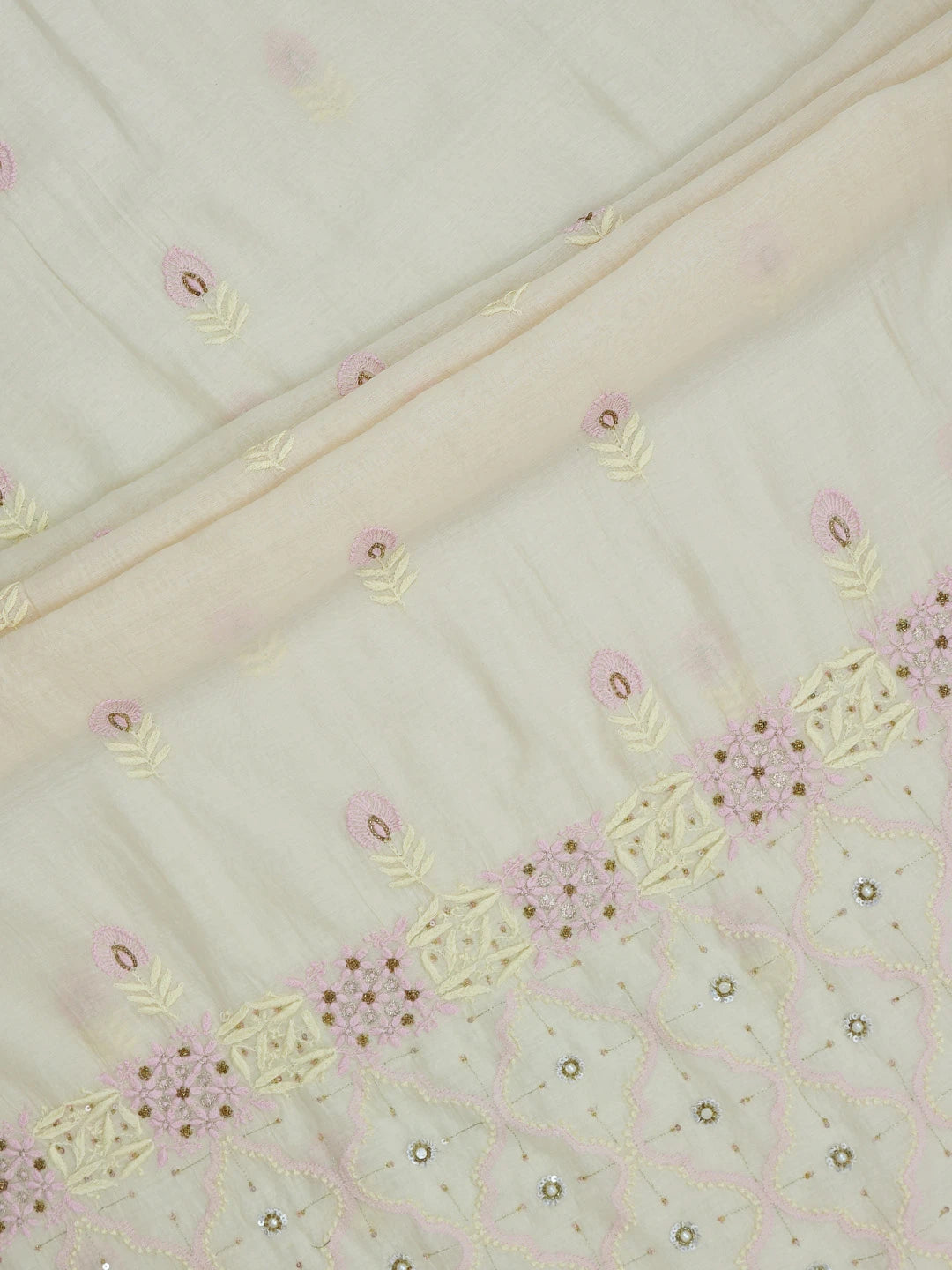 Ada Hand Embroidered Fawn Chanderi Lucknowi Chikankari Unstitched Kurta Dupatta Set With Cutdana Work 01A525860